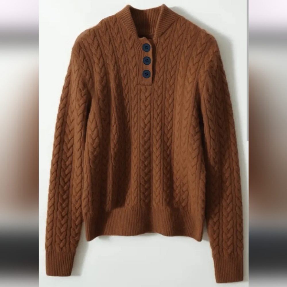 Cozy Cable-Knit Button Polo Sweater in Brown - Picture 2 of 7